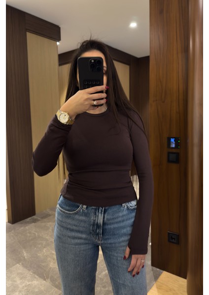 Parmak Geçmeli Uzun Kollu Body- Kahverengi