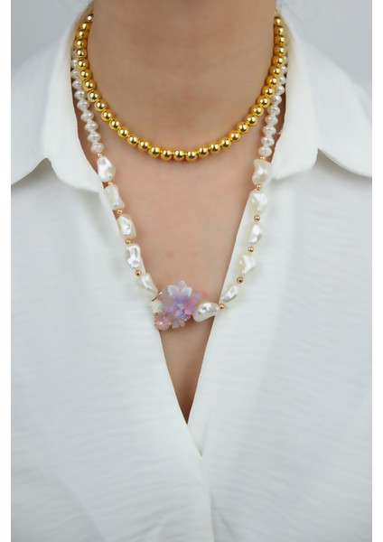 Çift Sıralı Barok Inci Çiçek Uçlu Kolye