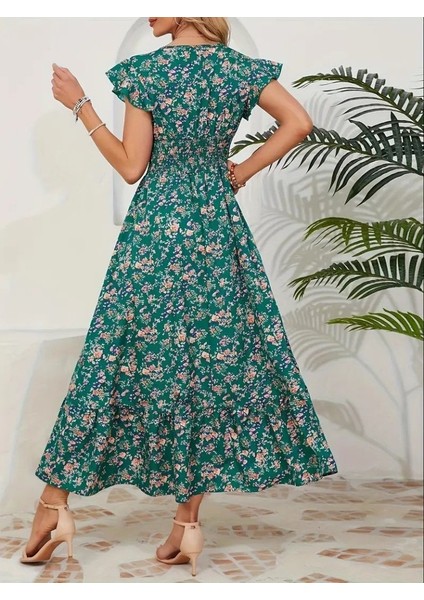 Kadın Kısa Kollu Kruvaze Yaka Beli Lastikli Çiçek Desenli Elbise fırsatları