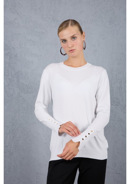 Kadın Beyaz Çıtçıtlı Kollu Bisiklet Yaka Triko Bluz