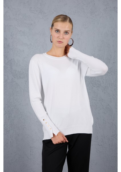 Kadın Beyaz Çıtçıtlı Kollu Bisiklet Yaka Triko Bluz fiyatları