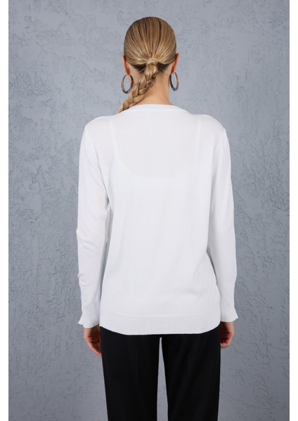 Kadın Beyaz Çıtçıtlı Kollu Bisiklet Yaka Triko Bluz fırsatları