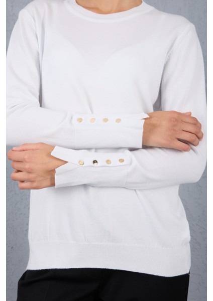 Kadın Beyaz Çıtçıtlı Kollu Bisiklet Yaka Triko Bluz indirimleri