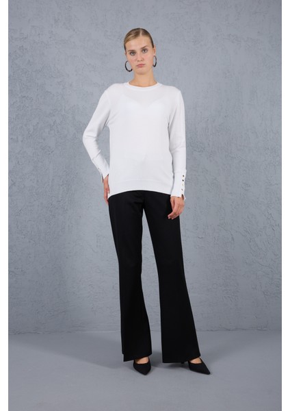 Kadın Beyaz Çıtçıtlı Kollu Bisiklet Yaka Triko Bluz