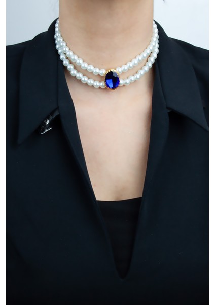 Cam Inci Çift Sıralı Kristal Taşlı Kolye