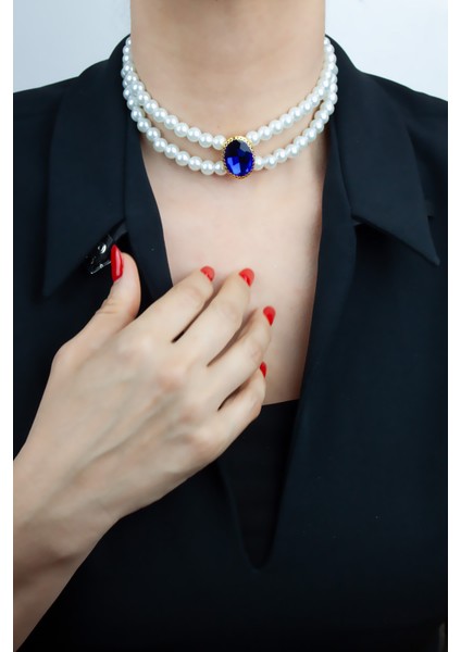 Cam Inci Çift Sıralı Kristal Taşlı Kolye modelleri