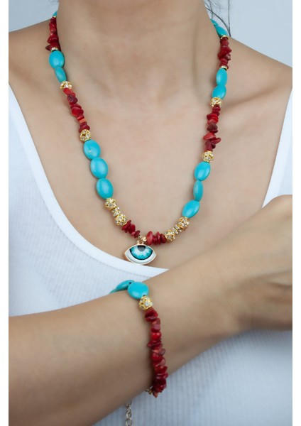 Turkuaz ve Mercan Doğaltaş Kolye Bileklik Set fiyatları