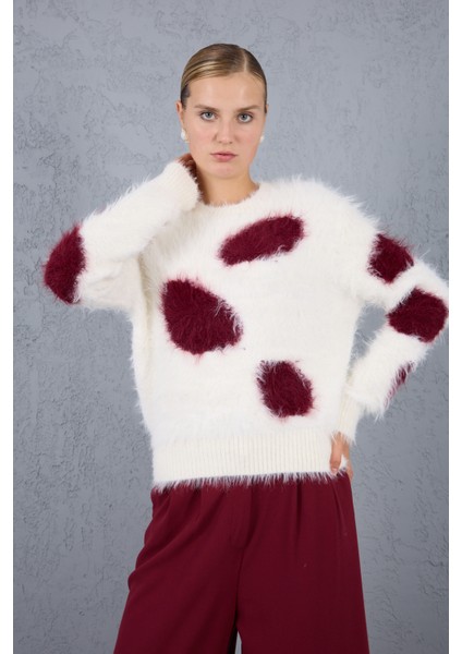 Beyaz-Bordo Sakal Iplik Desenli Bisiklet Yaka Triko Kazak fiyatları