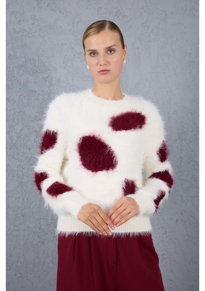 Beyaz-Bordo Sakal Iplik Desenli Bisiklet Yaka Triko Kazak modelleri