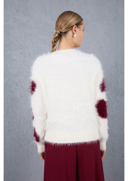 Beyaz-Bordo Sakal Iplik Desenli Bisiklet Yaka Triko Kazak fırsatları