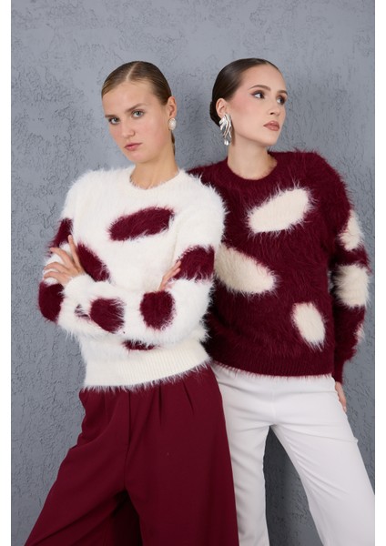 Beyaz-Bordo Sakal Iplik Desenli Bisiklet Yaka Triko Kazak