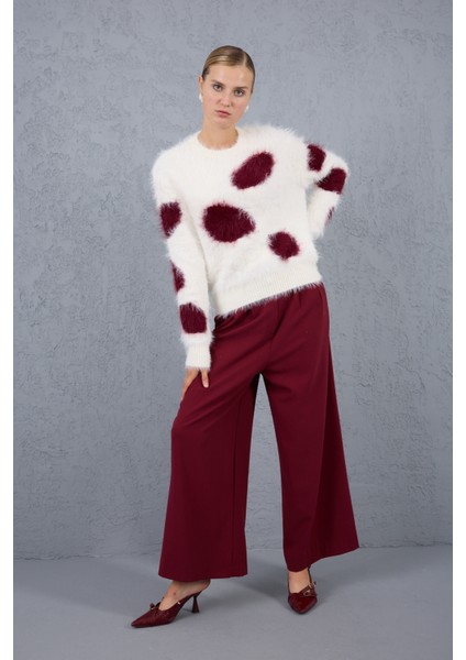 Beyaz-Bordo Sakal Iplik Desenli Bisiklet Yaka Triko Kazak