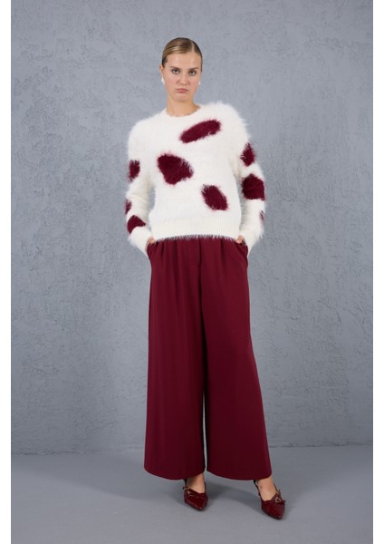 Beyaz-Bordo Sakal Iplik Desenli Bisiklet Yaka Triko Kazak