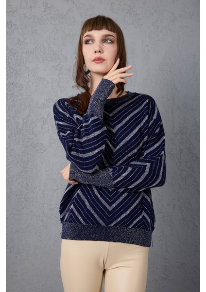 Kadın Koyu Laci Geniş Manşetli Bisiklet Yaka Sim Desenli Triko Bluz