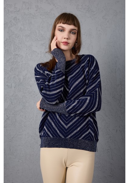 Kadın Koyu Laci Geniş Manşetli Bisiklet Yaka Sim Desenli Triko Bluz fiyatları