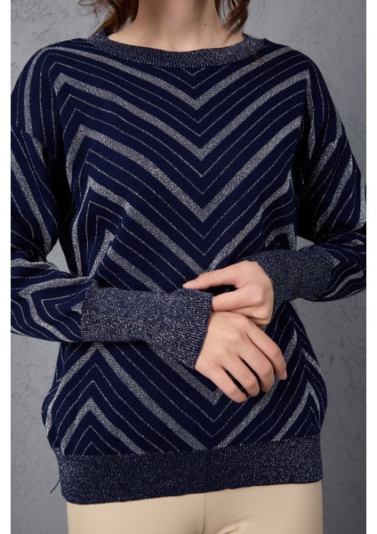 Kadın Koyu Laci Geniş Manşetli Bisiklet Yaka Sim Desenli Triko Bluz modelleri