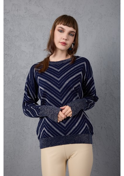 Kadın Koyu Laci Geniş Manşetli Bisiklet Yaka Sim Desenli Triko Bluz fırsatları