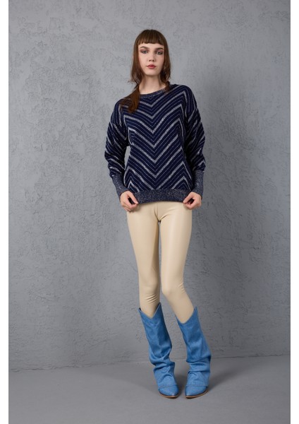 Kadın Koyu Laci Geniş Manşetli Bisiklet Yaka Sim Desenli Triko Bluz