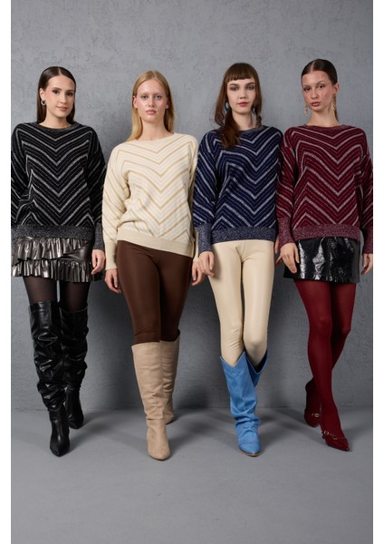 Kadın Koyu Laci Geniş Manşetli Bisiklet Yaka Sim Desenli Triko Bluz