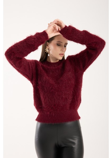 Kadın Bordo Sakal Iplik Bisiklet Yaka Triko Kazak