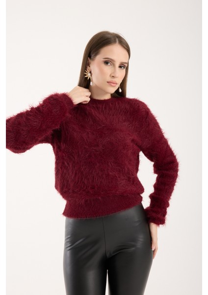 Kadın Bordo Sakal Iplik Bisiklet Yaka Triko Kazak modelleri