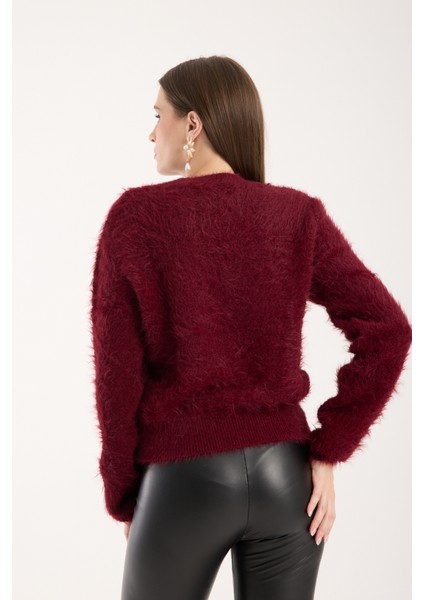 Kadın Bordo Sakal Iplik Bisiklet Yaka Triko Kazak