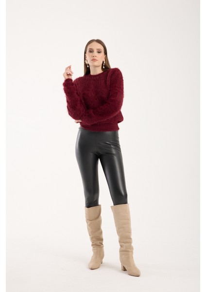 Kadın Bordo Sakal Iplik Bisiklet Yaka Triko Kazak