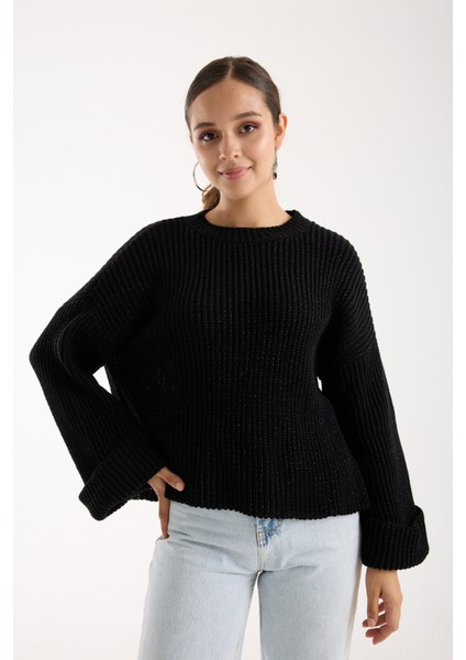 Kadın Siyah Selanik Örgü Bisiklet Yaka Simli Oversize Triko Kazak