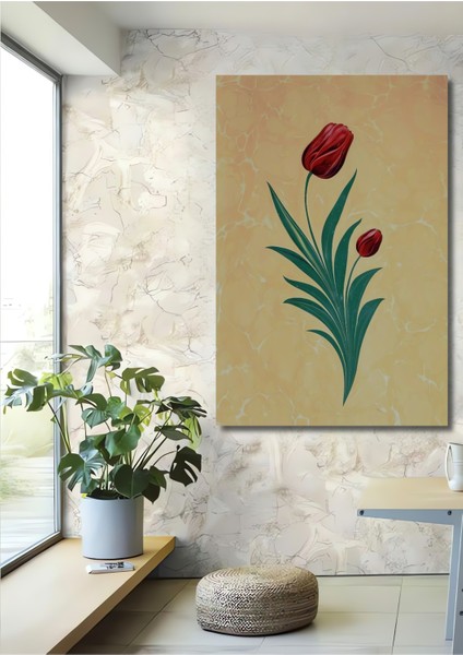 Kırmızı Lale Yağlı Boya Görünümlü Ahşap Dekoratif Tablo Dikdörtgen Tablo