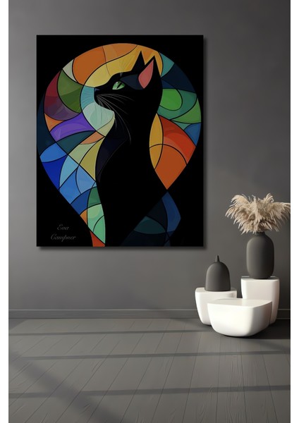 Siyah Kedi Soyut Sanat Yağlı Boya Görünümlü Ahşap Dekoratif Tablo Dikdörtgen Tablo
