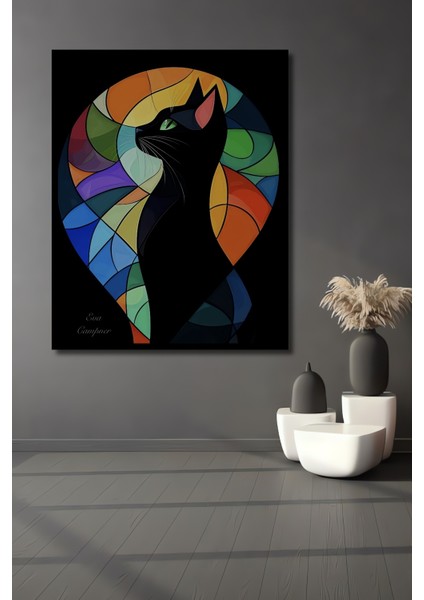 Siyah Kedi Soyut Sanat Yağlı Boya Görünümlü Ahşap Dekoratif Tablo Dikdörtgen Tablo fiyatları