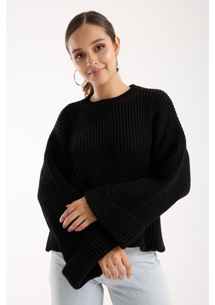 Kadın Siyah Selanik Örgü Bisiklet Yaka Simli Oversize Triko Kazak fiyatları