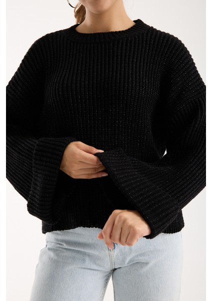 Kadın Siyah Selanik Örgü Bisiklet Yaka Simli Oversize Triko Kazak modelleri