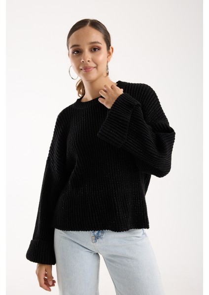 Kadın Siyah Selanik Örgü Bisiklet Yaka Simli Oversize Triko Kazak fırsatları