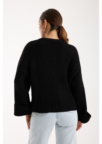 Kadın Siyah Selanik Örgü Bisiklet Yaka Simli Oversize Triko Kazak indirimleri