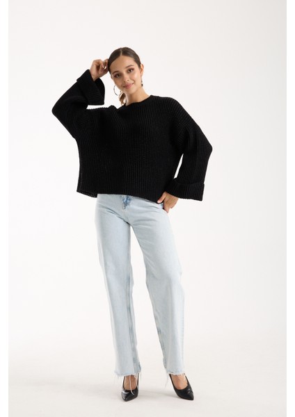 Kadın Siyah Selanik Örgü Bisiklet Yaka Simli Oversize Triko Kazak