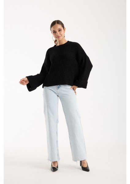 Kadın Siyah Selanik Örgü Bisiklet Yaka Simli Oversize Triko Kazak