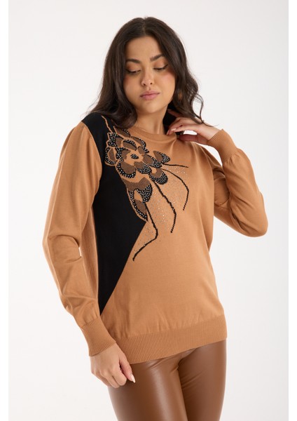 Kadın Bej Elit Viskon Kumaş Taş Detaylı Bisiklet Yaka Triko Bluz
