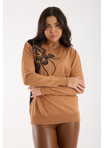 Kadın Bej Elit Viskon Kumaş Taş Detaylı Bisiklet Yaka Triko Bluz fiyatları