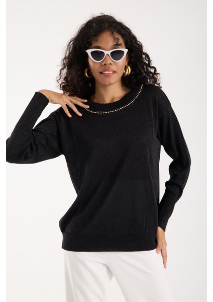 Kadın Siyah Viskon Vortex Iplik Taş Detaylı Bisiklet Yaka Simli Triko Bluz