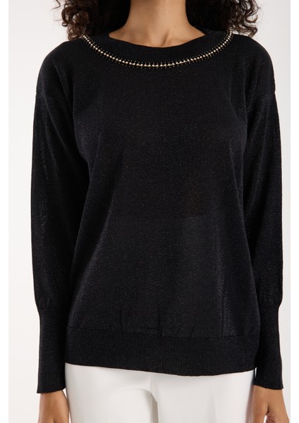 Kadın Siyah Viskon Vortex Iplik Taş Detaylı Bisiklet Yaka Simli Triko Bluz fiyatları