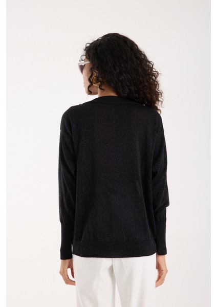 Kadın Siyah Viskon Vortex Iplik Taş Detaylı Bisiklet Yaka Simli Triko Bluz fırsatları