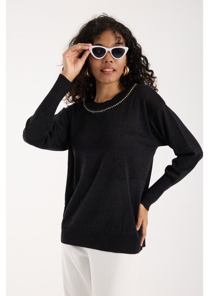 Kadın Siyah Viskon Vortex Iplik Taş Detaylı Bisiklet Yaka Simli Triko Bluz indirimleri