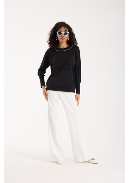 Kadın Siyah Viskon Vortex Iplik Taş Detaylı Bisiklet Yaka Simli Triko Bluz