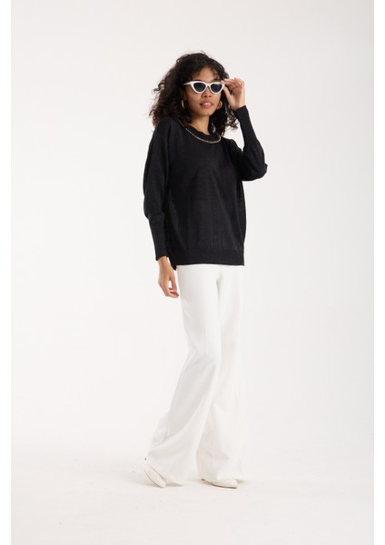 Kadın Siyah Viskon Vortex Iplik Taş Detaylı Bisiklet Yaka Simli Triko Bluz