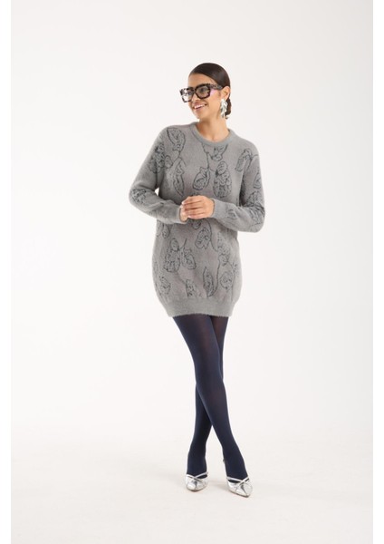 Kadın Gri Sakal Iplik Yaprak Desenli Bisiklet Yaka Triko Bluz fiyatları