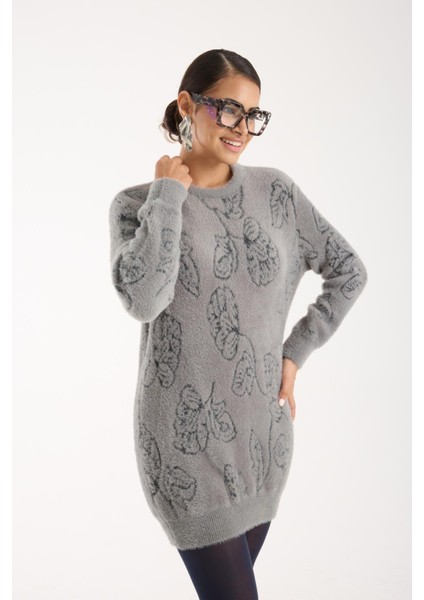 Kadın Gri Sakal Iplik Yaprak Desenli Bisiklet Yaka Triko Bluz modelleri
