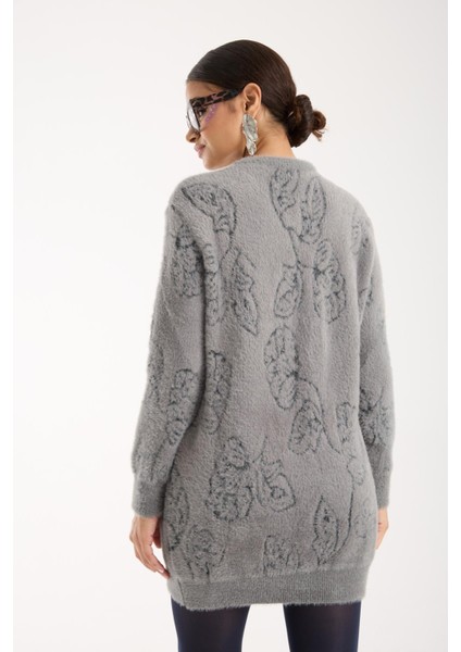 Kadın Gri Sakal Iplik Yaprak Desenli Bisiklet Yaka Triko Bluz indirimleri