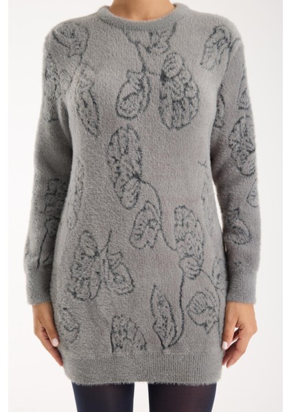 Kadın Gri Sakal Iplik Yaprak Desenli Bisiklet Yaka Triko Bluz