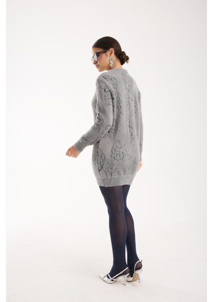 Kadın Gri Sakal Iplik Yaprak Desenli Bisiklet Yaka Triko Bluz